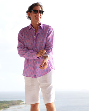 Caribbean vacation style men's linen shirt in blue and pink Shelltop print