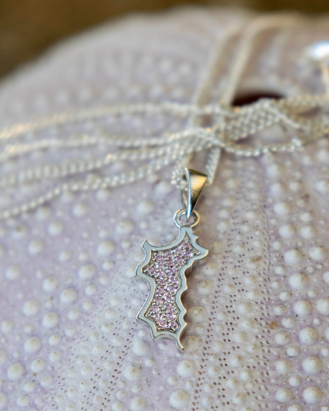 Hallmarked sterling silver mini Mustique island pendant with pink zirconia crystals necklace Made in England