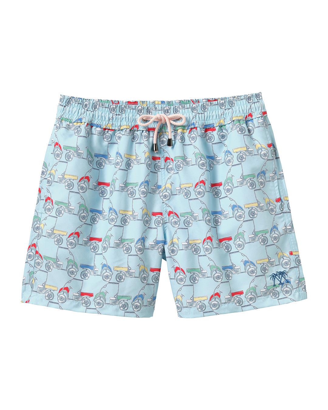 Men’s Mustique Mule multi swim shorts front view with multicoloured beach buggy print