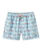 Men’s Mustique Mule multi swim shorts front view with multicoloured beach buggy print