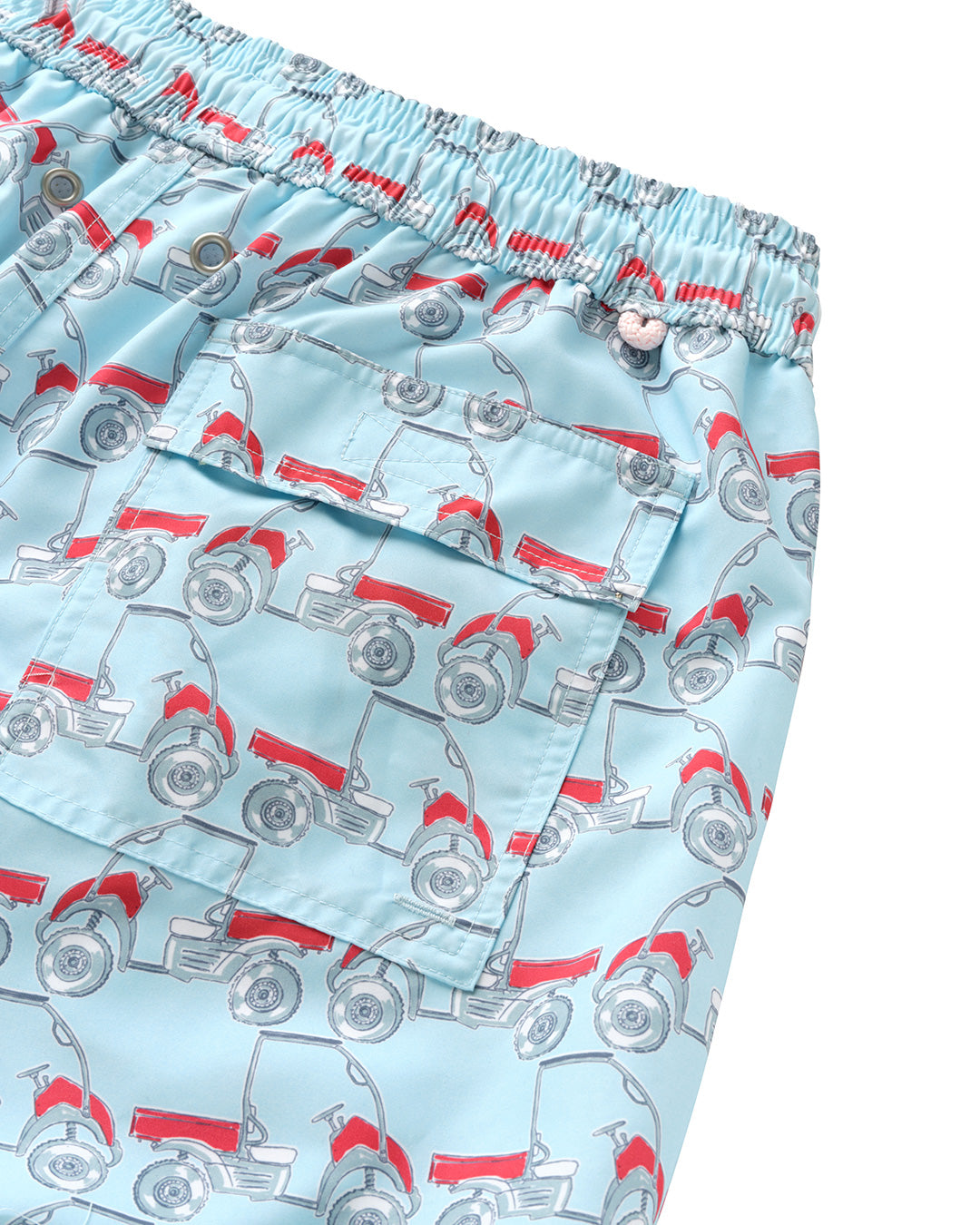 Men’s Mustique Mule red swim shorts back pocket and beach buggy print detail