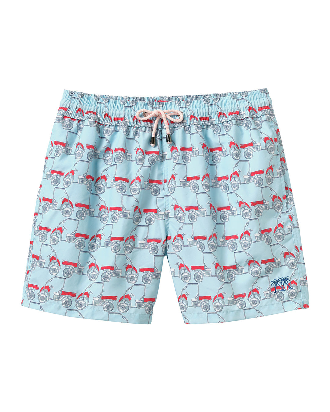 Men’s Mustique Mule red swim shorts front view with red beach buggy print