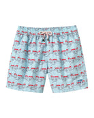 Men’s Mustique Mule red swim shorts front view with red beach buggy print