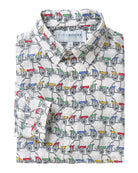 Men’s Mustique Mule print linen shirt with multicoloured Mustique beach buggies