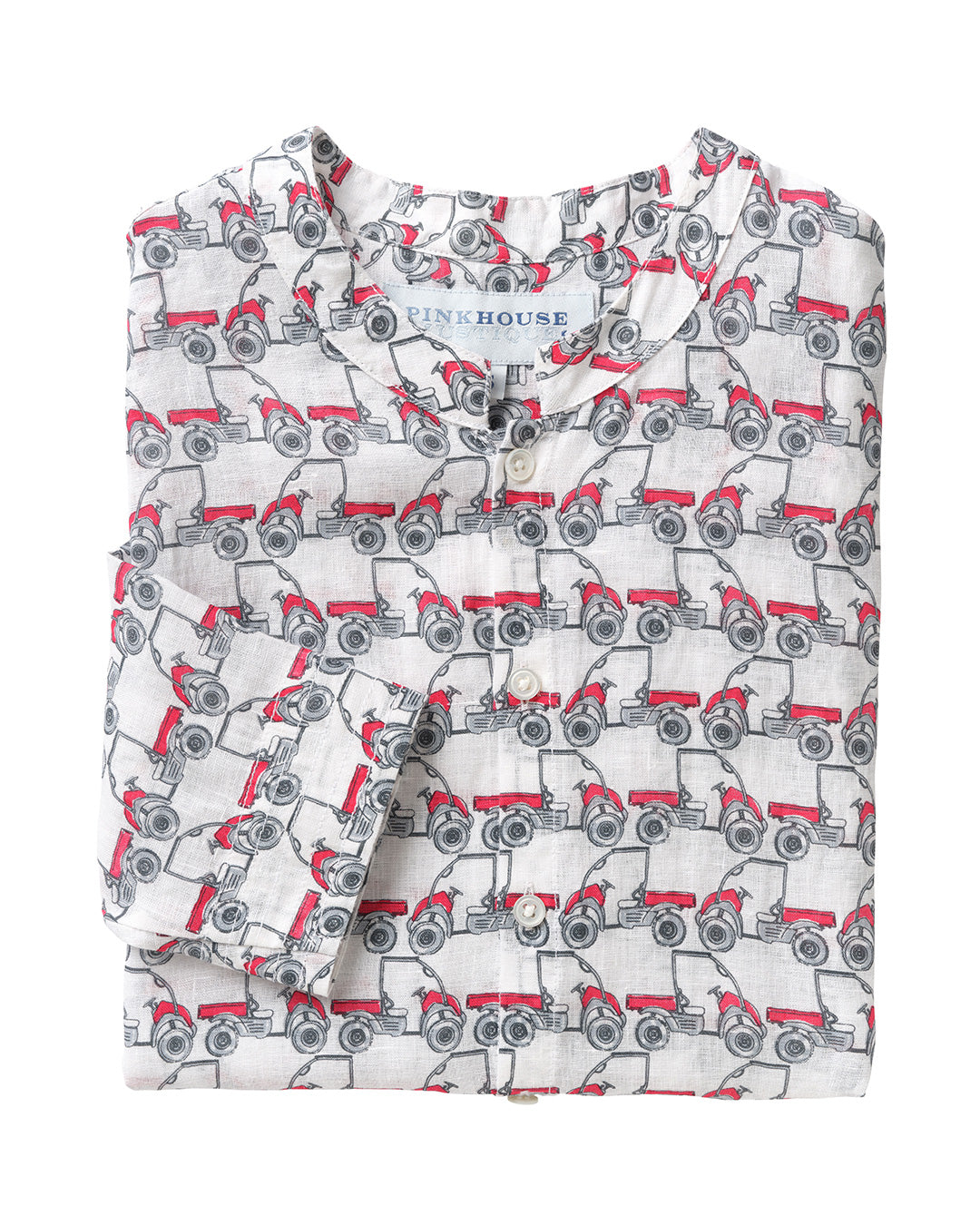 Mustique Mule print red collarless linen shirt by Pink House Mustique