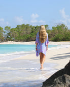 Back view of Jade Poncho in Lime Tree Pink and Blue by Lotty B – lightweight silk poncho with hand-printed citrus and foliage design, perfect for coastal escapes.