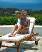 Resort lifestyle swimwear photo of Parrot Blue Classic Triangle Bikini by the pool on Mustique