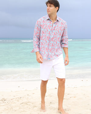 Tropical men's linen shirt in coral and turquoise Parrot print designer Lotty B Mustique