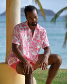 Men's Parrot Pink silk Festival Shirt overlooking the sea at Frenchman's Field Villa Mustique