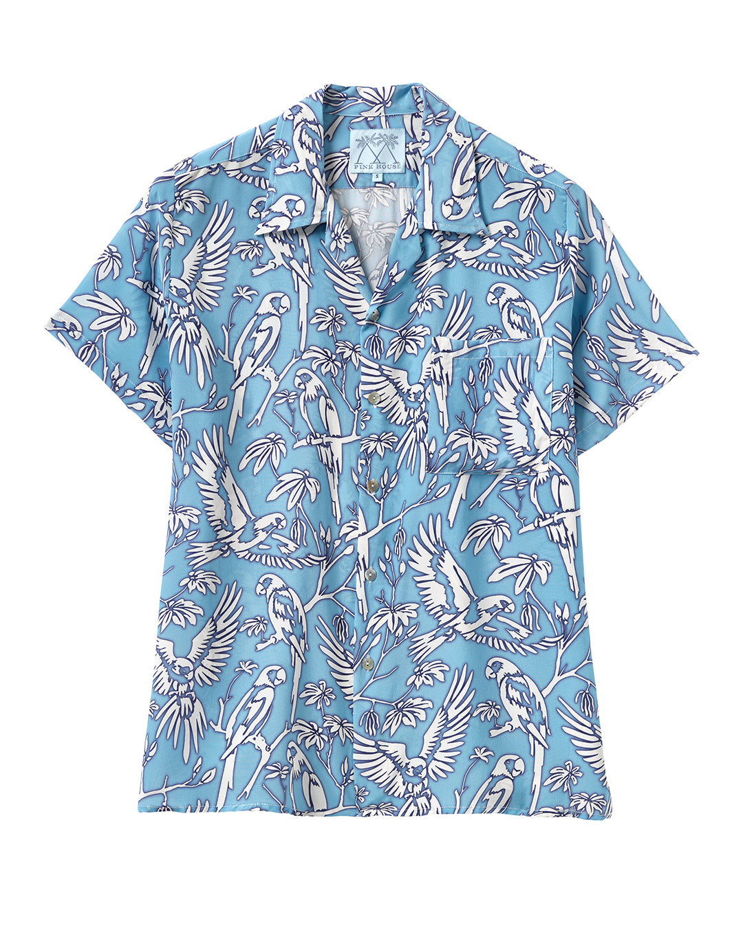 Unisex blue silk tropical Parrot shirt – short sleeve boxy fit luxury top for vacation and festivals