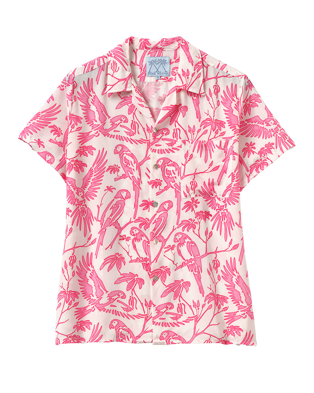 Luxury pink Parrot print unisex silk shirt with camp collar – handmade festival top by Lotty B Mustique