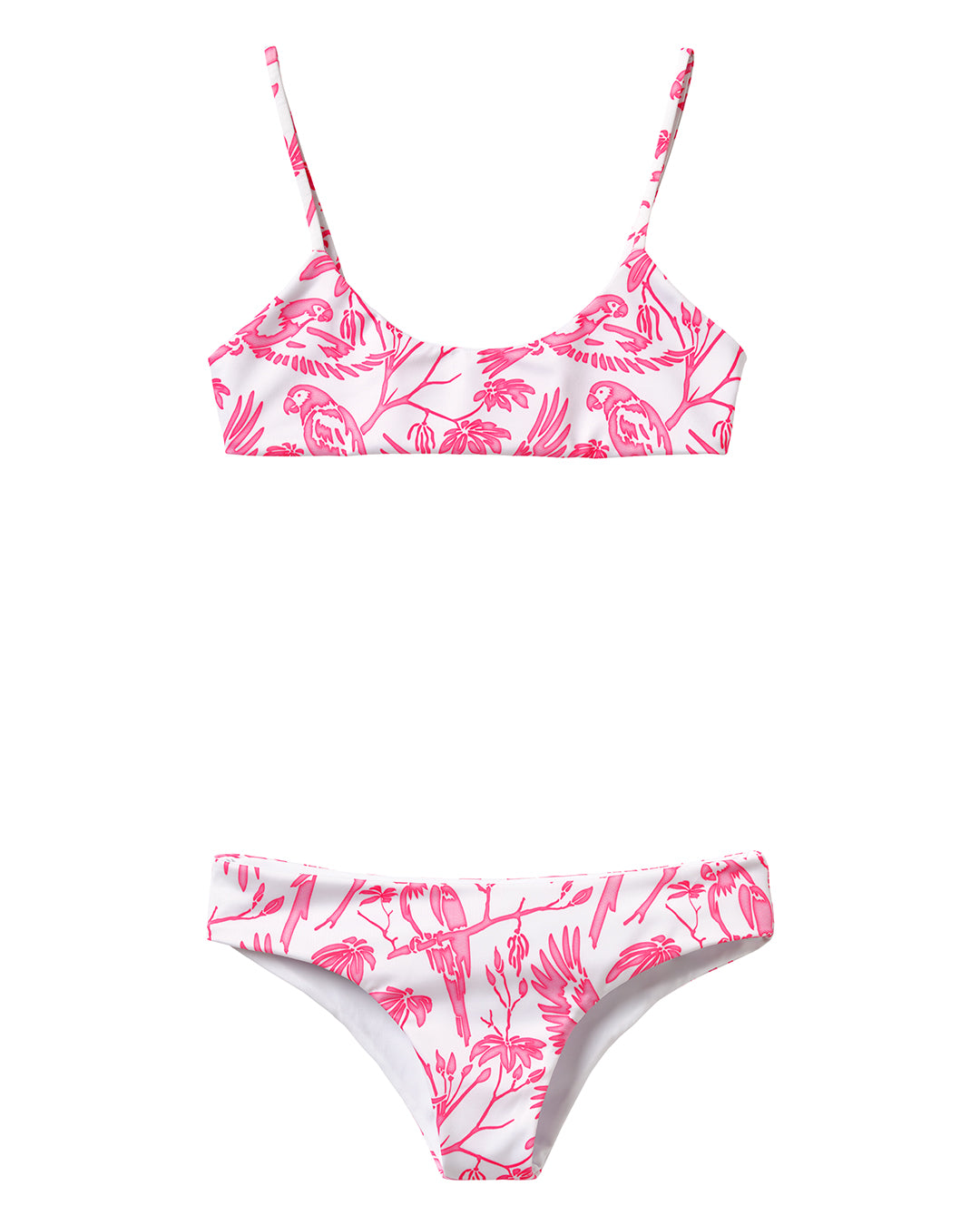Women's eco-friendly pink scoop bikini with Vincy parrot print by Lotty B for Pink House Mustique – made from Italian recycled polyester swim fabric