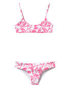 Women's eco-friendly pink scoop bikini with Vincy parrot print by Lotty B for Pink House Mustique – made from Italian recycled polyester swim fabric