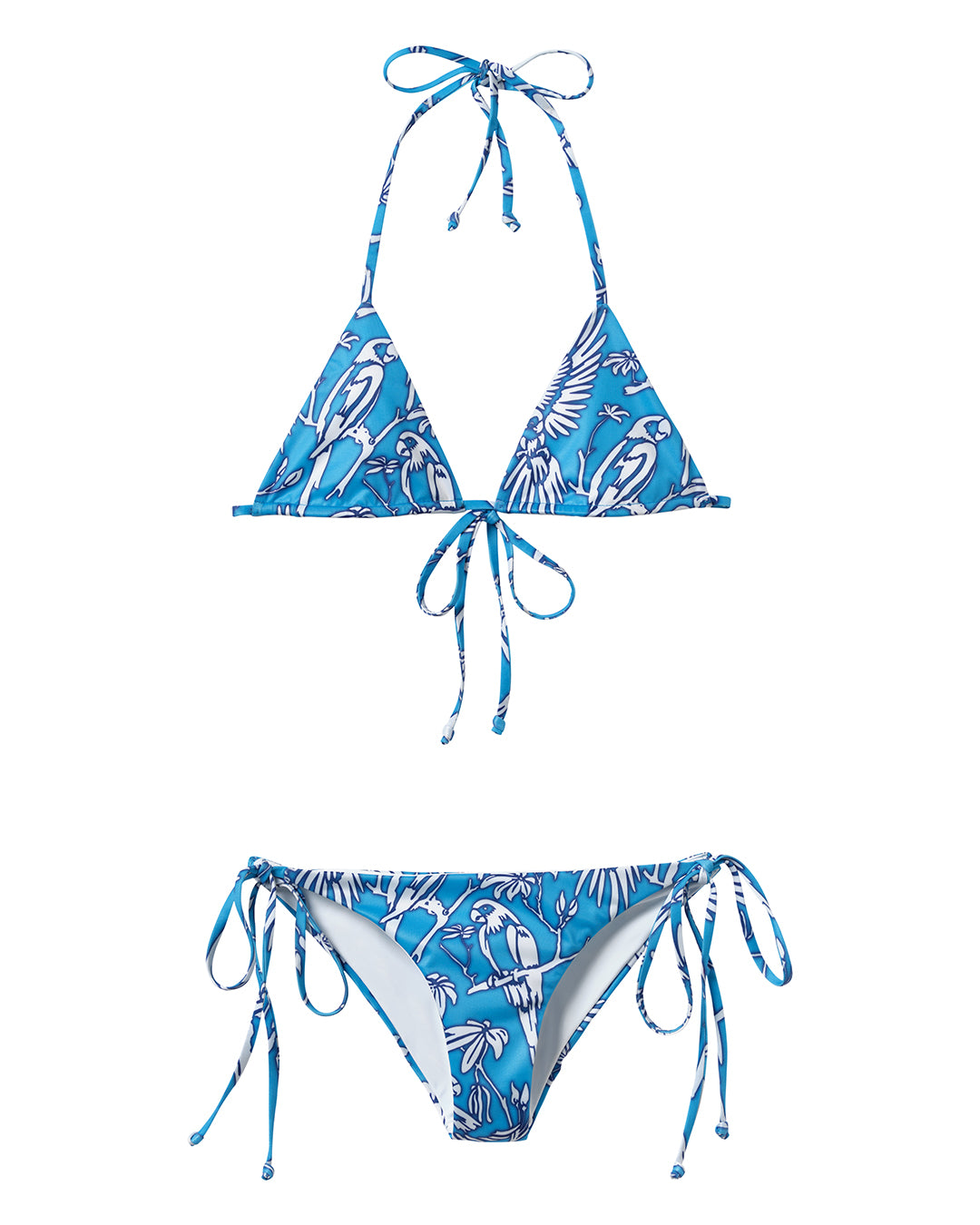 Classic triangle tie bikini in blue Vincy parrot print – eco-sustainable Italian swimwear by Lotty B for Pink House Mustique