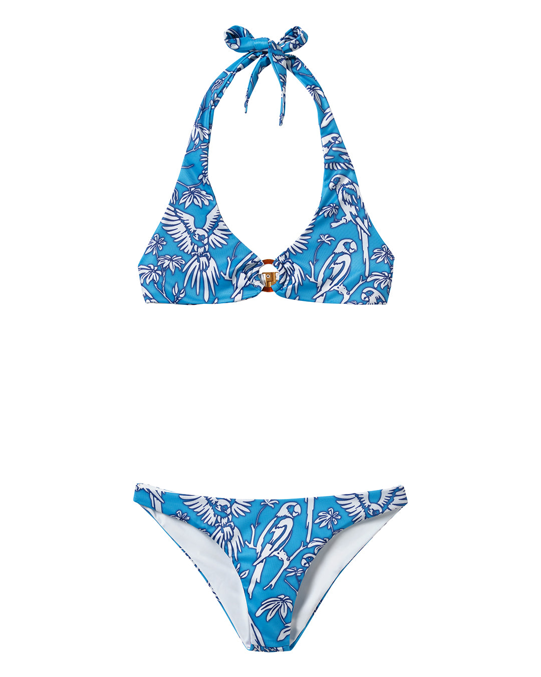 Blue halter-neck bikini with front ring detail – featuring Vincy parrot design by Lotty B, crafted in recycled polyester swim fabric for Pink House Mustique