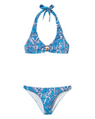 Blue halter-neck bikini with front ring detail – featuring Vincy parrot design by Lotty B, crafted in recycled polyester swim fabric for Pink House Mustique