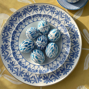 Easter table decoration with fine bone china decorative charger plate in Palms blue design by Lotty B