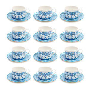 Fine bone china coffee cup and saucer set for 12 place settings (24 pieces) in Palms blue design by Lotty B