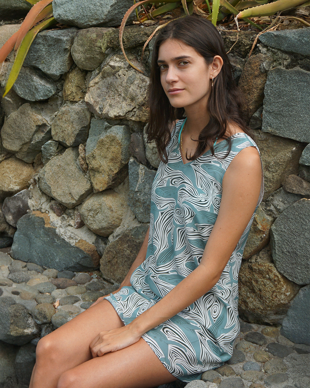 Pink House Mustique Silk Henny Dress in monochrome Whale print styled on Mustique
