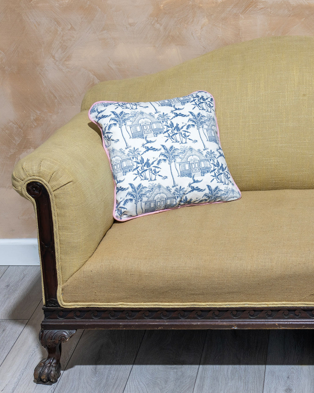 Pink House Toile blue 100% cotton fabric made into a decorative cushion with contrasting pink piping