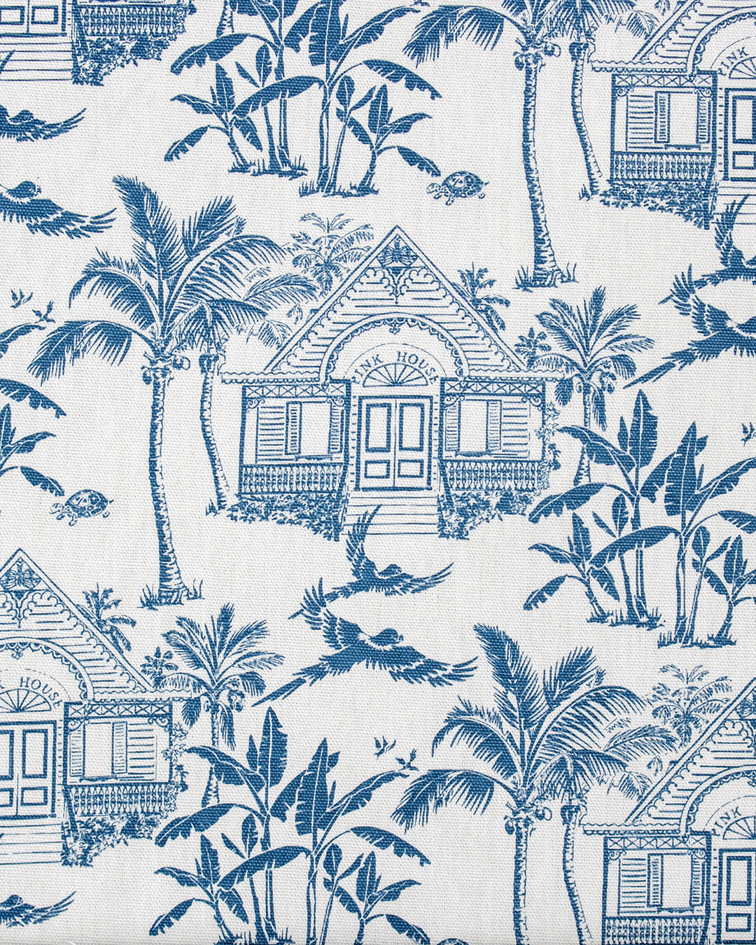 Pink House Toile blue 100% cotton fabric swatch