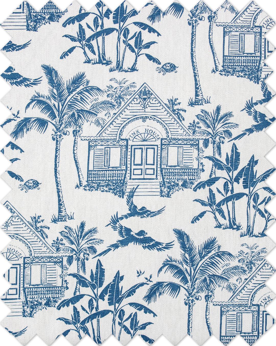 Pink House Toile blue 100% cotton fabric swatch