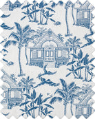 Pink House Toile blue 100% cotton fabric swatch