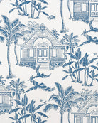 Pink House Toile wallpaper in Semley Blue with Caribbean houses, palms, parrots and turtles