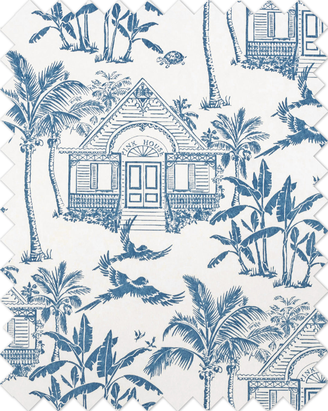 Pink House Toile wallpaper swatch in Semley Blue with Caribbean house, palms, parrots and turtle
