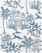 Pink House Toile wallpaper swatch in Semley Blue with Caribbean house, palms, parrots and turtle