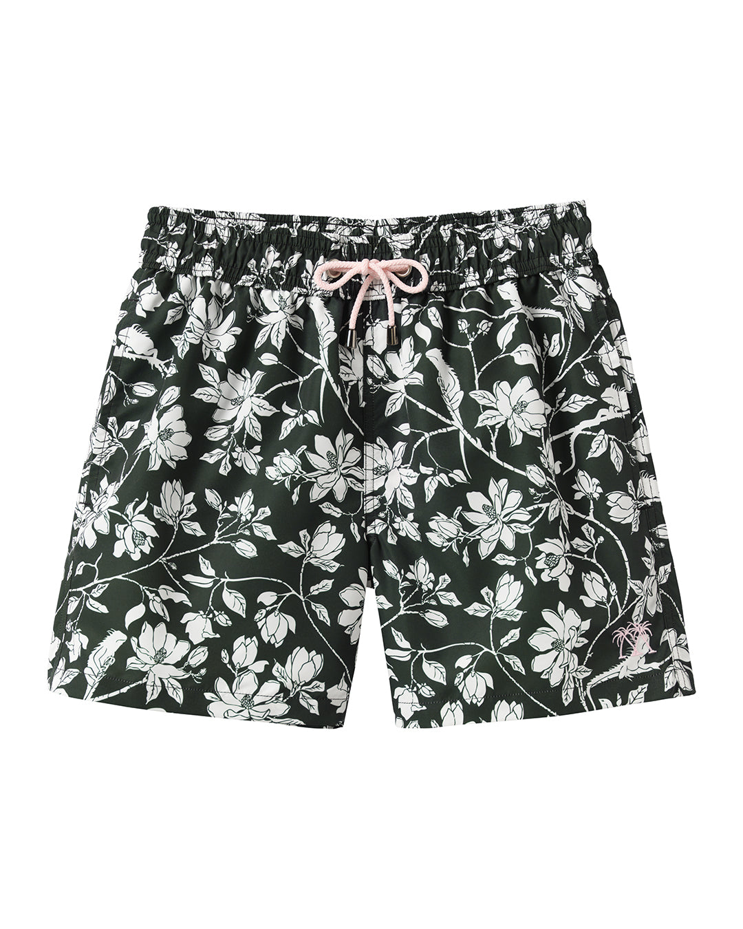 Men's Iguana Magnolia print swim shorts in dark green spruce | Recycled fabric | Sustainable Pink House swimwear