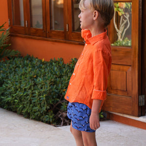Kids orange linen fun summer shirt by Lotty B Mustique