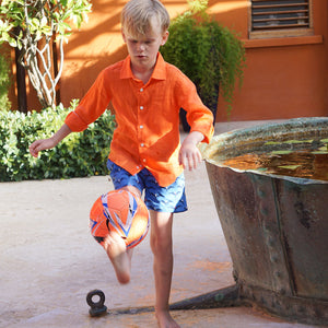 Kids orange linen holiday shirt by Lotty B Mustique