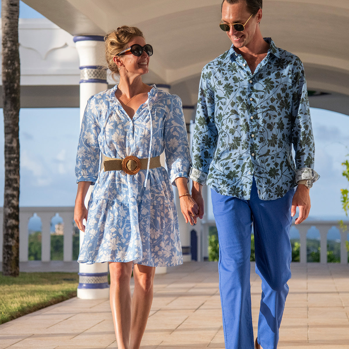 Resort 2026 Iguana Blue Spruce linen shirt and tiered dress by Pink House Mustique, elegant island resort style.