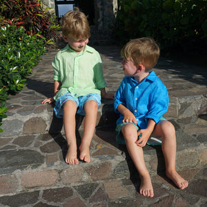 Kid's summer essential clothing turquoise blue linen shirt, Coccoloba Mustique