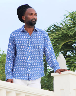 Men's summer linen shirt in blue Striped Shell print designer Lotty B Mustique