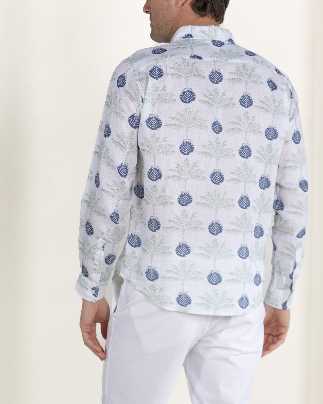 Mens resortwear linen shirts designed to last by Lotty B green and navy blue Potted Palm print by designer Lotty B for Pink House