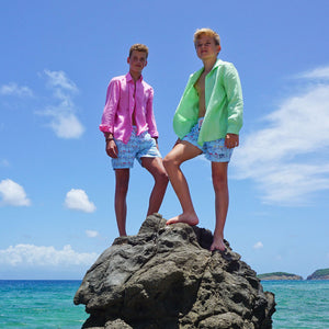 Kids naturally hypoallergenic holiday clothes, finest linen shirt in Fuchsia Pink, Mustique island lifestyle