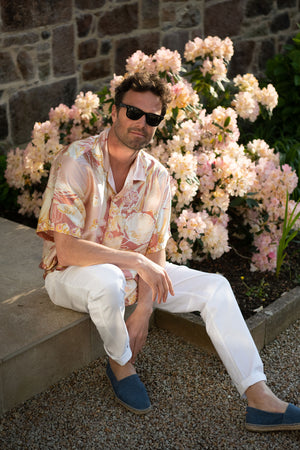 Men's silk shirt created from vintage silk charmeuse scarf, pink and gold sea life print by designer Lotty B Mustique