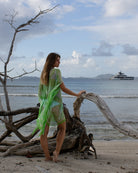 Sand Dollar green silk chiffon Cosima kaftan short beach cover up back view flowing lightweight resortwear