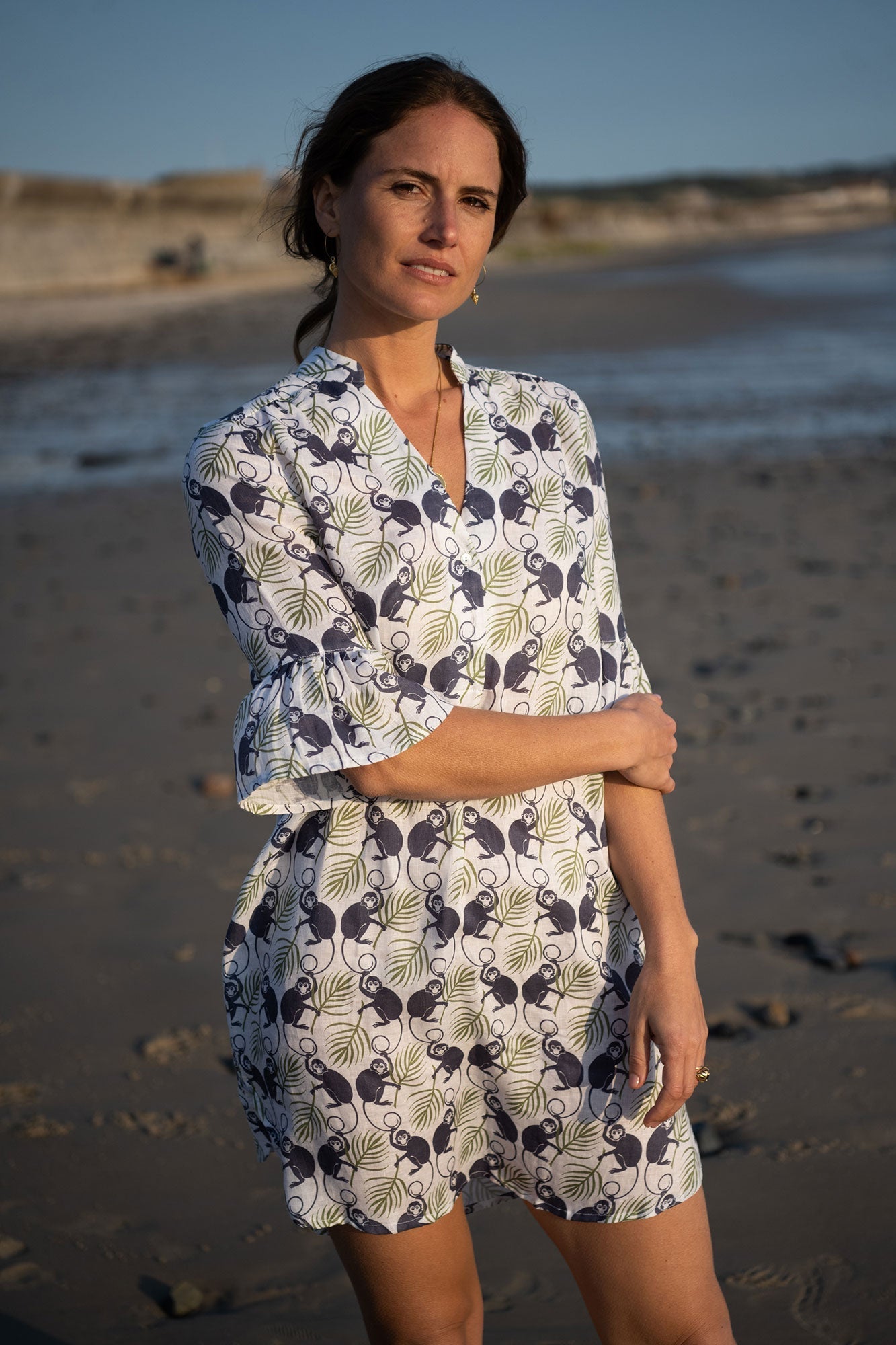 Women's easy linen holiday dress with frilled cuffs in green and navy Monkey print, the Decima dress by Pink House