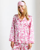 Pure silk women’s pyjamas in Parrot Pink print with long sleeve top and relaxed-fit trousers