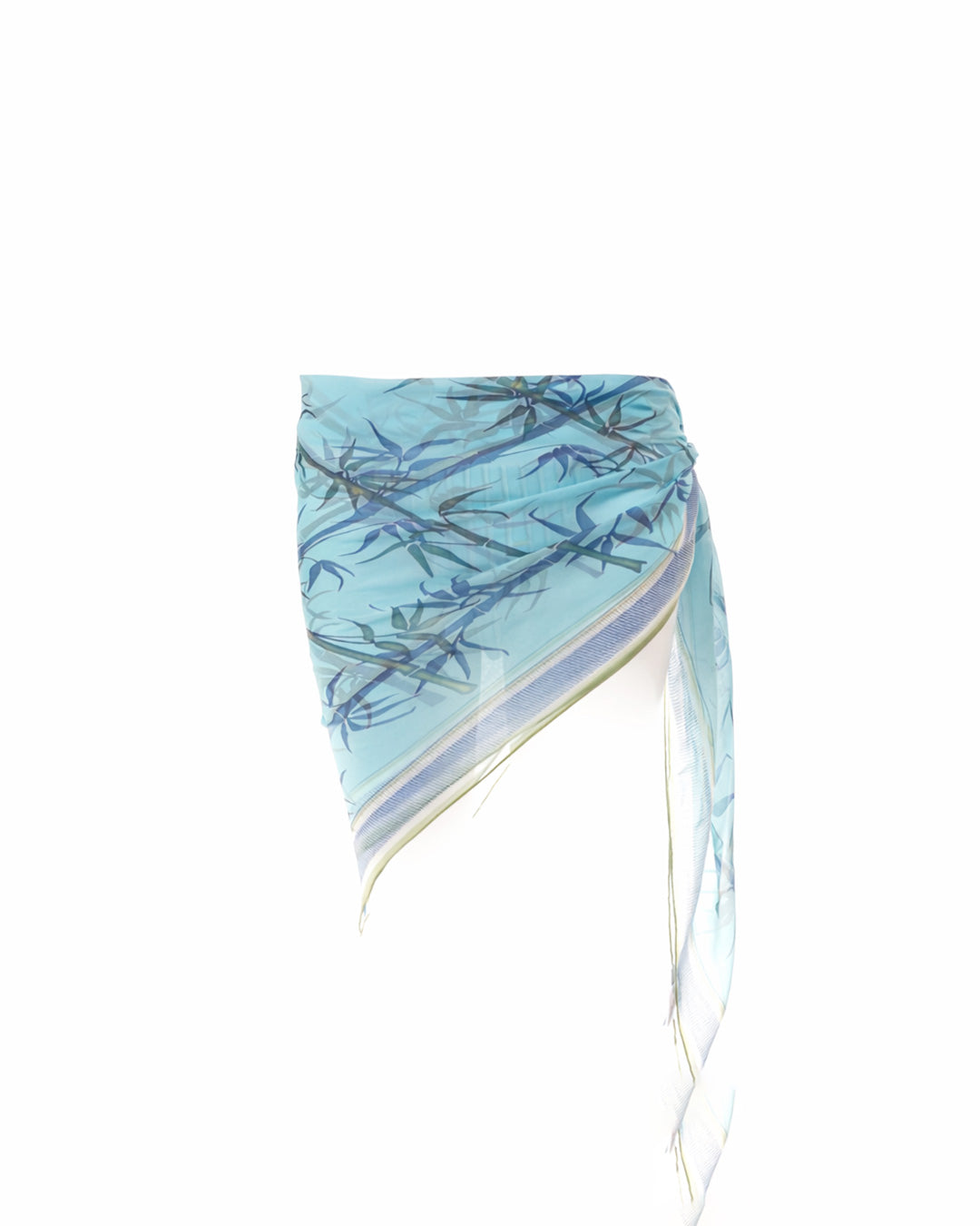 Silk chiffon square scarf in bamboo pale blue print, lightweight wrap sarong style beach cover up