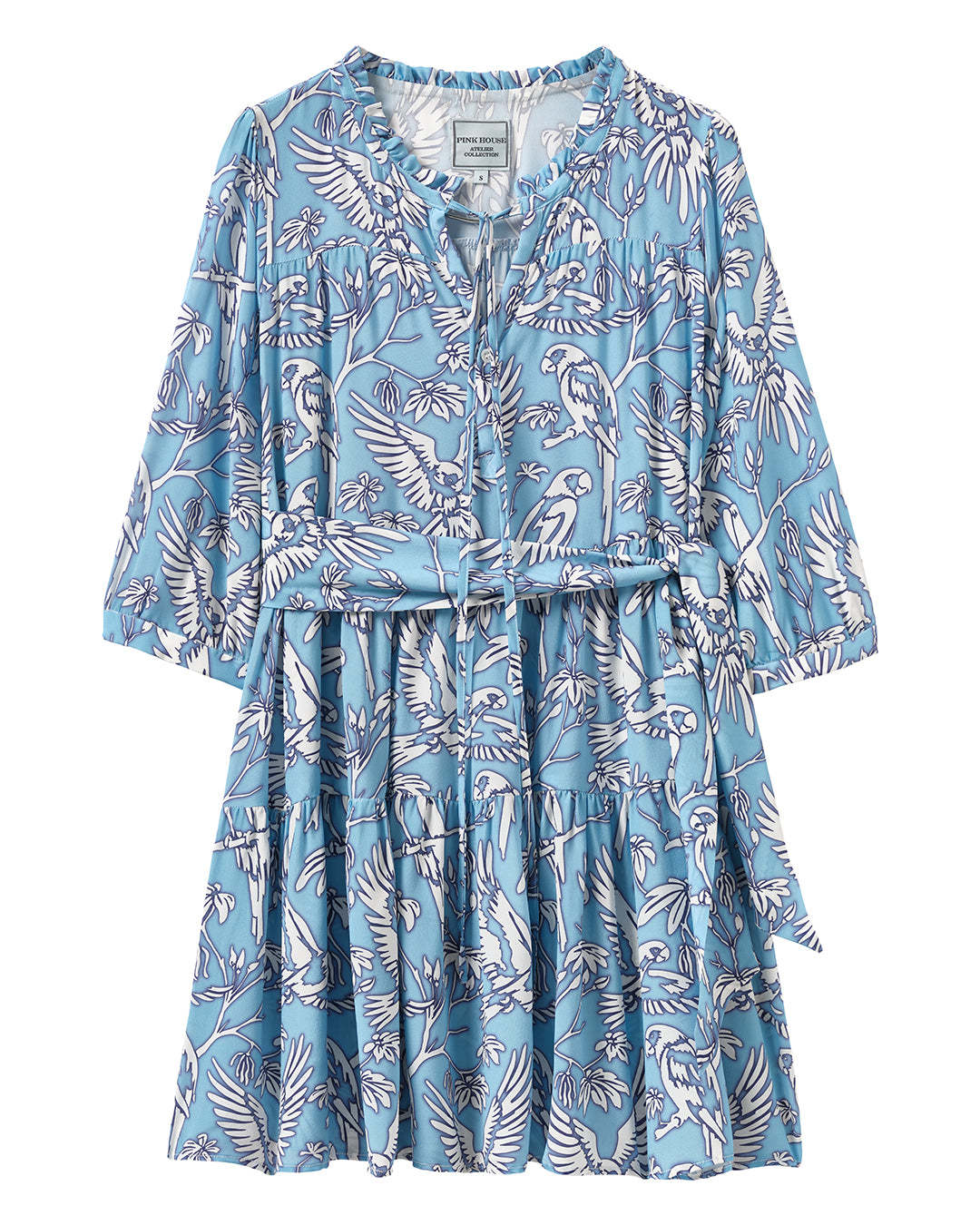 Women's silk tiered Amy dress in Parrot blue – luxury crepe-de-Chine resortwear by Lotty B, ideal for beach holidays and travel.