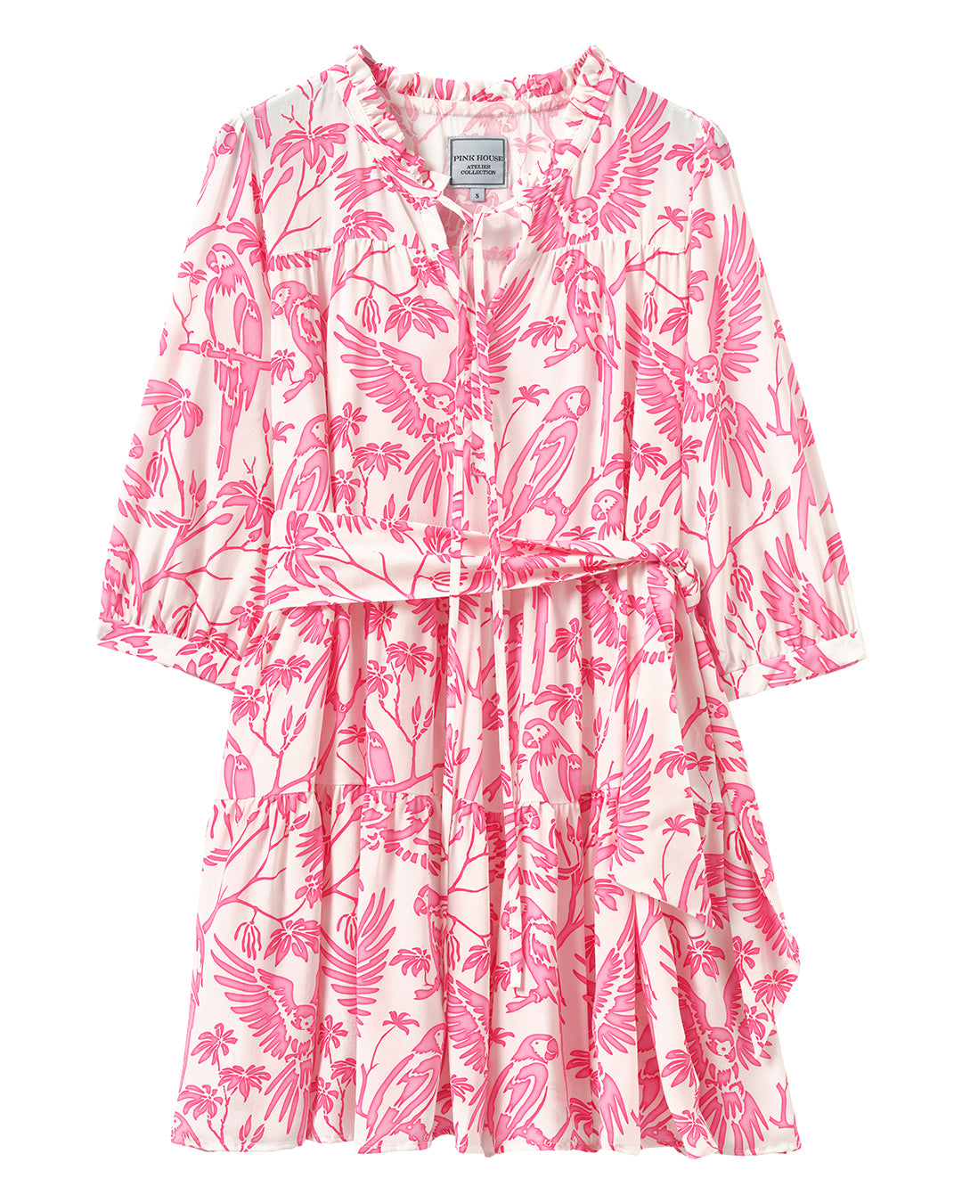 Women's silk tiered Amy dress in pink Parrot print – luxury crepe-de-Chine resortwear by Lotty B, perfect for beach days and holidays.
