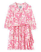 Women's silk tiered Amy dress in pink Parrot print – luxury crepe-de-Chine resortwear by Lotty B, perfect for beach days and holidays.