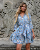 Amy dress in Parrot print blue silk CDC – flared skirt and 3/4 sleeves in luxury island setting