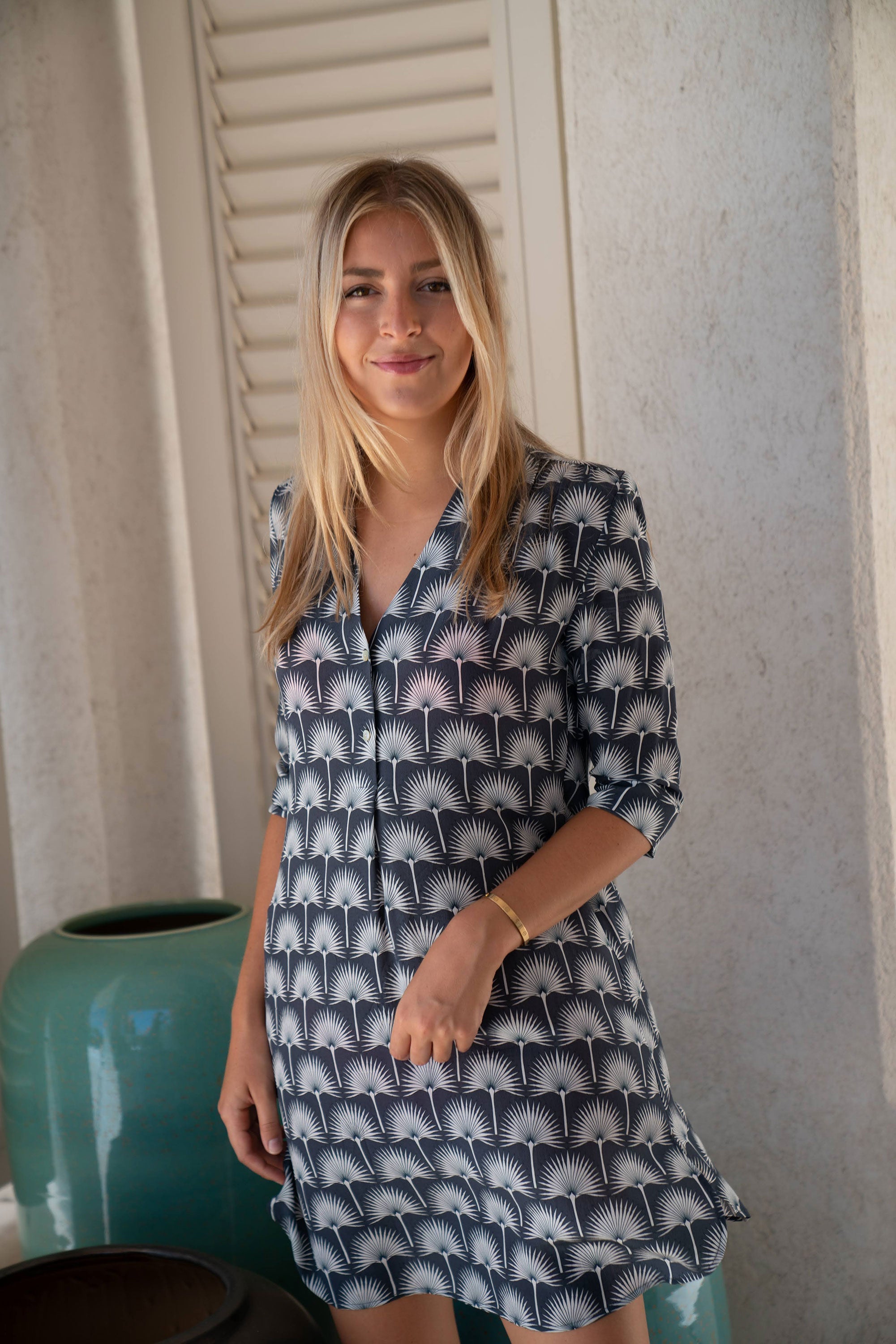 Designer  resort wear fashion silk Decima dress by Lotty B in black and white single Palm print
