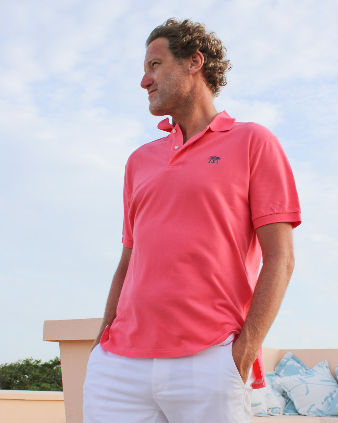 Mens pure cotton pink polo shirt vacation style