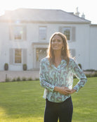 Statement silk blouse in Lurcher aubergine & pale blue design by Lotty B Mustique